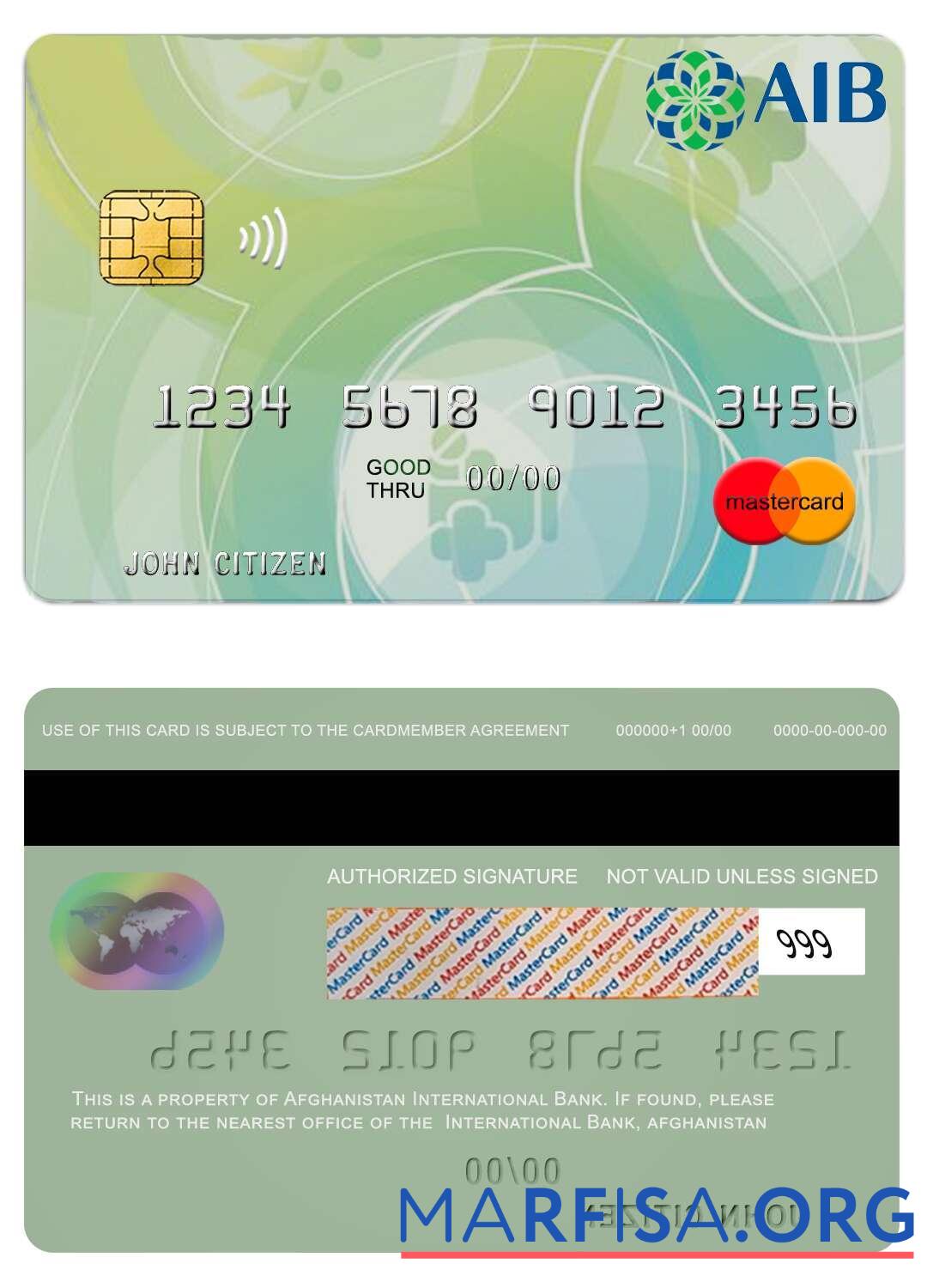 Printable Afghanistan International bank mastercard download for verification